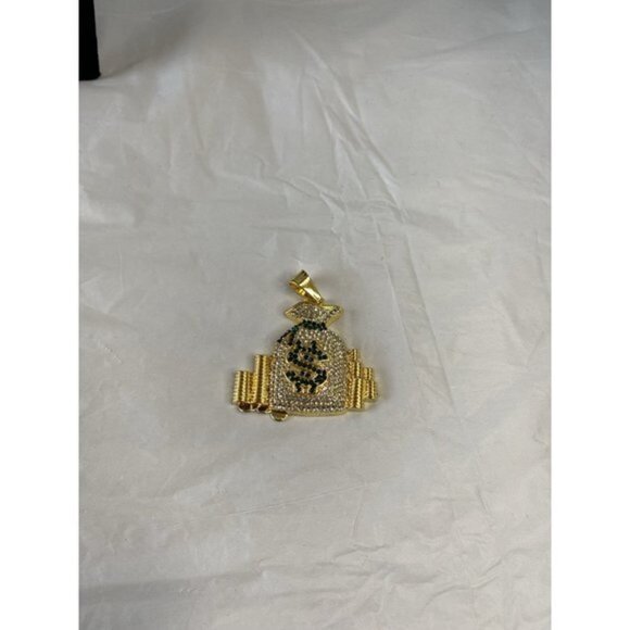 Dollar Money Bag Necklace Gold Tone with Green Jewels - Picture 4 of 10